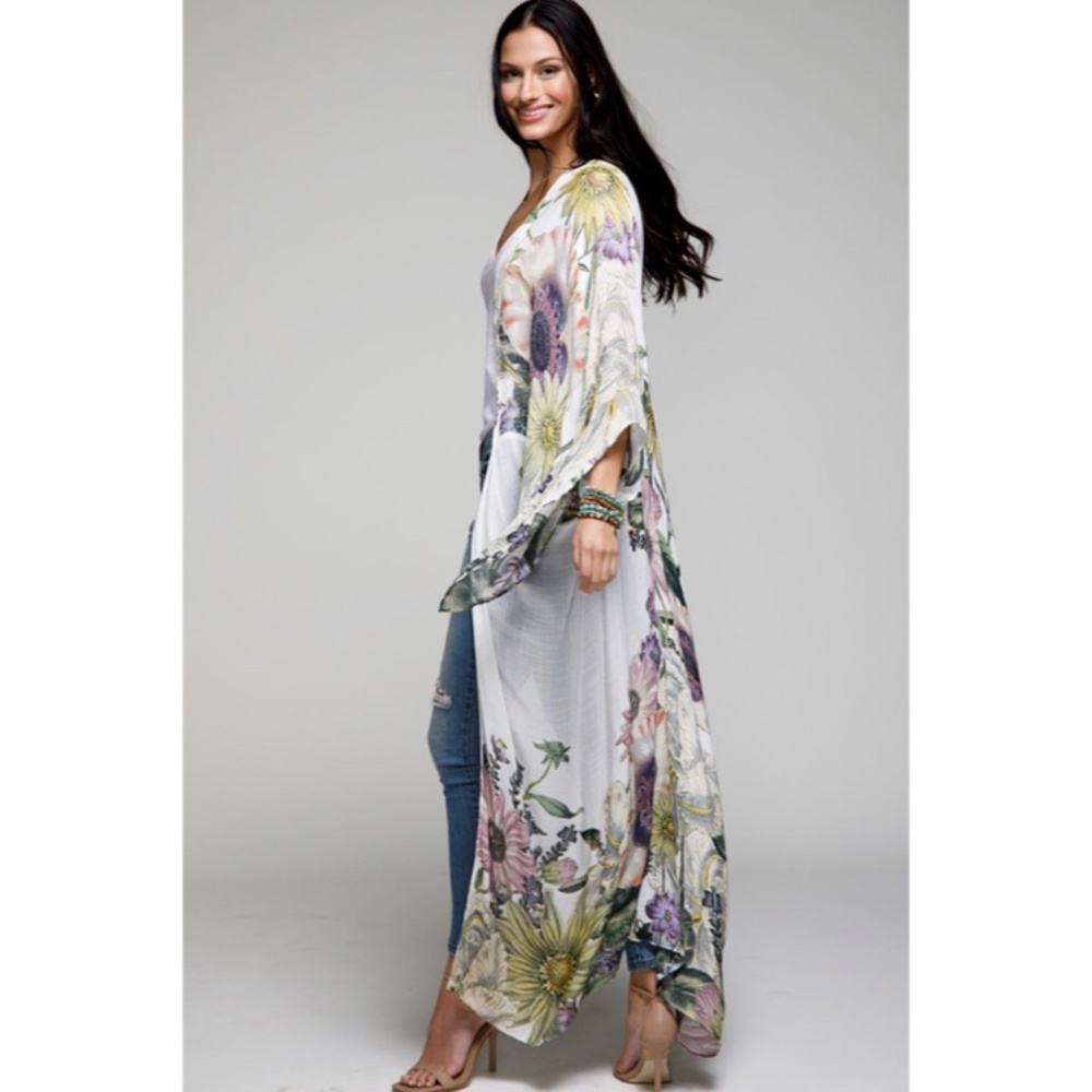 Aurelia Floral Motif Flower Sheer Kimono Long Maxi Open Duster Wrap Coverup - Picture 7 of 9